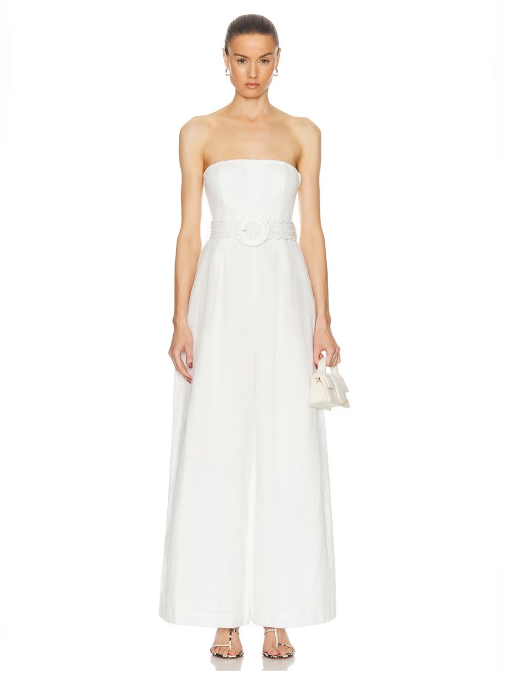 Hemant and Nandita Nera Jumpsuit Strapless White wide leg Braided Belt Revolve L
